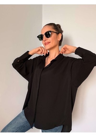Ali Butik Siyah Gizli Düğmeli Oversize Saten Gömlek Siyah