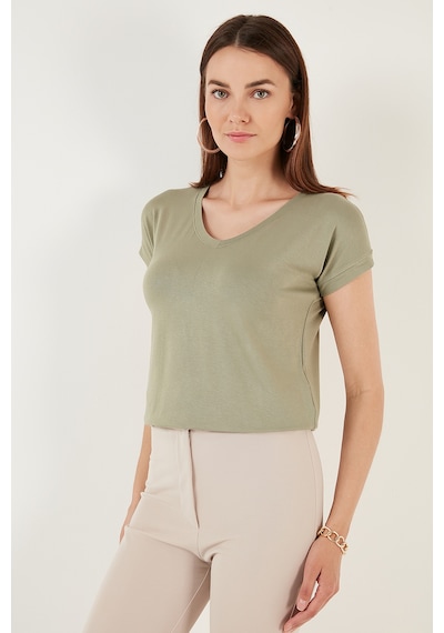 Lela V Yaka Relaxed Fit Yırtmaç Detaylı 2'Li Paket Bayan Bluz 5862000S2 Olive-Bisküvi