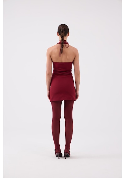 Holly Lolly Gül Aksesuarlı Halter Yaka Düğmeli Mini Becca Elbise Bordo