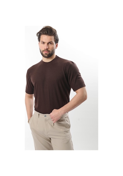 Madmext Kahverengi Dokulu Çizgi Tasarım Bisiklet Yaka Erkek T-shirt E7122 Kahverengi