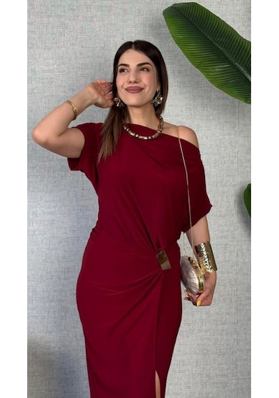 Efnaz Style Kadın Kısa Kollu Tek Omuzdan Açık Beli Lastikli Sandy Maxi Elbise Bordo