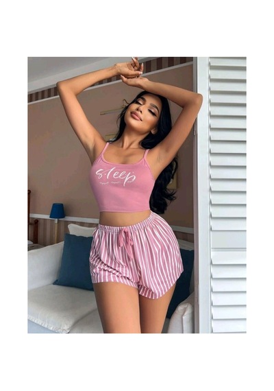 Mr Owl Kadın Pembe Çizgili Askılı Şortlu Pijama Takımı
