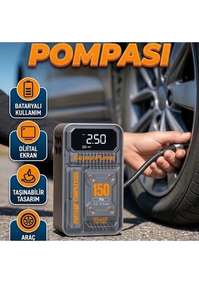 Kablosuz Hava Kompresörü 150 Psı Dijital Ekranlı 6000mah Taşınabilir Lastik Şişirme Pompası