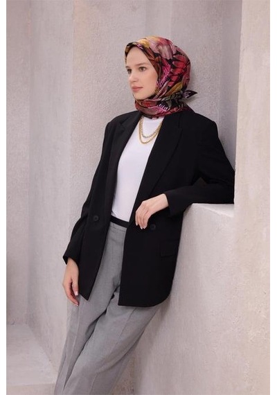 Belli Tivil Saf İpek Eşarp 4225 - 51 Siyah Çiçek Desen Bordo