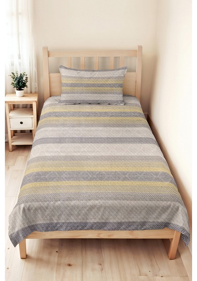 Gri Çizgili Geometrik Tek Kişilik Pike Takımı - Modern Sarı Bej 160x220 Cm Kapitone Yatak Örtüsü Mercansı Kakao Dengesi
