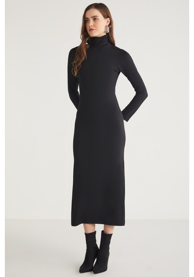 Ethıquet Katja Kadın Vücudu Tamamen Saran Slim Fit Dar Kesim Dik Yaka Midi Boy Siyah Elbise