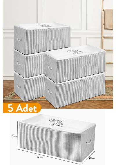 Serstil 5 Adet - Küçük Boy Baskı Detaylı Gri Çizgili Hurç 52 X 28 X 21 Cm