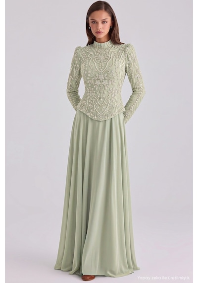 Olcay Boncuk Ve Taş Desenli Şifon Kombinli Exclusive Tesettür Abiye Elbise Mint 1120-y