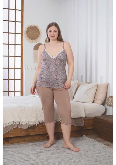 Büyük Beden Likralı Penye Kapri Pijama Takımı Vizon Büyük Beden Likralı Penye Kapri Pijama Takımı Vizon