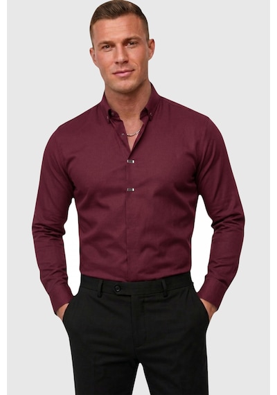 Deep Sea Deepsea Bordo Slim Fit Likralı Kolay Ütülenebilir Gizli Düğmeli Erkek Gömlek 2602614