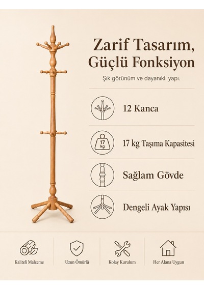 Gündays Home Tornalı Askılık Naturel Masif Gürgen Ağacı El Yapımı