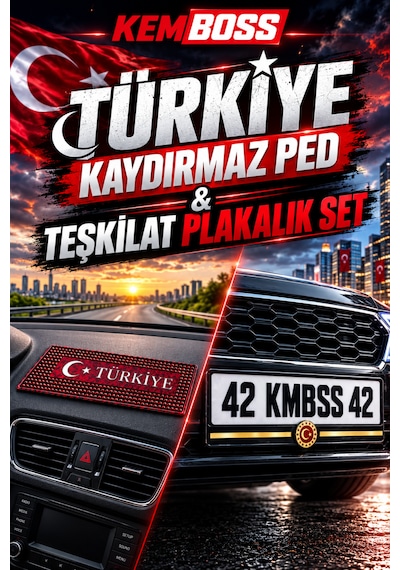 Kemboss Türkiye Kaydırmaz Torpido Pedi Ve Teşkilat Plakalık Seti - Araç İçi Kaydırmaz Ped + Universal Tekli Araba Plakalık
