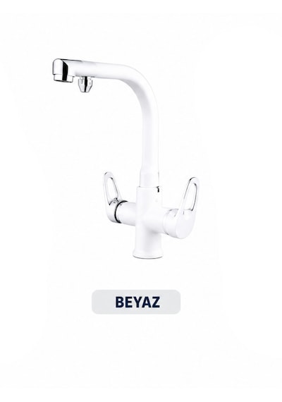 3 Yollu Beyaz Mutfak Bataryası Su Arıtma Musluğu Paslanmaz Gövde Sıcak-Soğuk + Arıtma Suyu Çıkışlı Modern Evye Musluğu