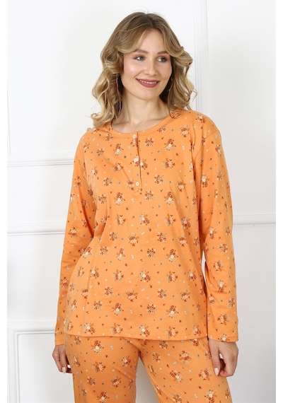 Akbeniz Kadın 4xl-5xl-6xl-7xl-8xl Büyük Beden Uzun Kol Pijama Takım 75014-turuncu Turuncu