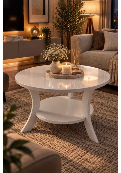 Orta Sehpa Beyaz 75 Cm Çap - Mdf Ayak 46 Cm Yükseklik Modern Orta Sehpa Beyaz
