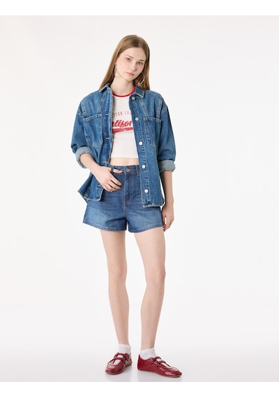 Koton Normal Bel Cepli Düğmeli Pamuklu Mini Denim Şort Orta İndigo 6sal40162md
