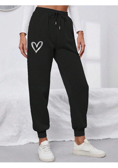 Heart Print Drawstring Waist 4 Mevsim Eşofman Siyah