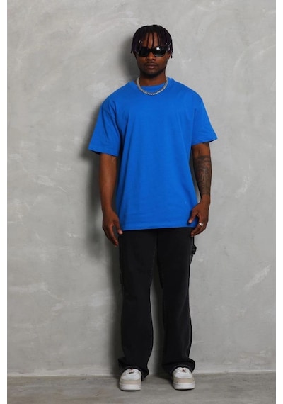Erkek Düz Yazlık Kısa Kol Tişört Bisiklet Yaka Oversize T-shirt - Mavi