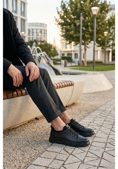 Muggo Dusk Hakiki Deri Erkek Kalın Taban Bağcıklı Günlük Casual Sneaker Siyah