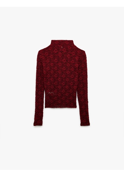 Koton Slim Fit Uzun Kollu Dik Yaka Floral Dokulu Dantelli Bluz Bordo 6wak80001ek Bordo