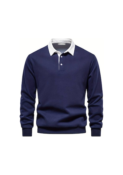 Ghassy Co. Erkek Retro Renk Bloklu Pamuklu Gömlek Yaka Sweatshirt Lacıvert
