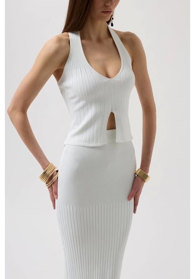 Defymoda V Detay Dokulu Crop Bluz Beyaz