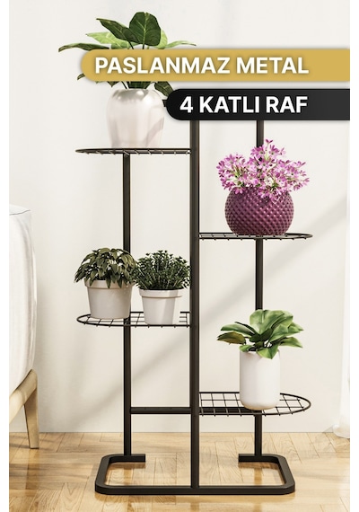 Bino 4 Katlı Metal Çiçeklik Dekoratif Lüks Bahçe Mobilyası Saksı Standı Saksılık Raf