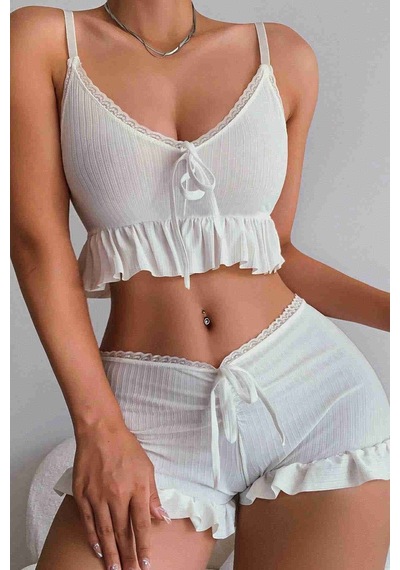Merry See Özel Örme Kumaş Askılı Şortlu Pijama Takımı Beyaz 001