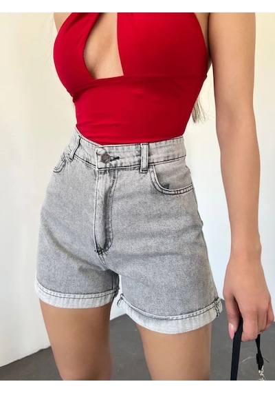 Viking'S Line Duble Paça Yüksek Bel Mom Kalıp Yıkamalı Denim Şort