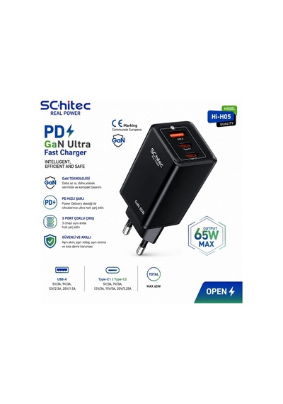 Schitec Gan 65w Ultra Hızlı Şarj Cihazı 3 Çıkışlı Usba / 2 X Type-c Hızlı Şarj Aleti Başlığı Hi-h05 Siyah