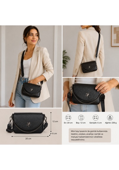 Nas Bag Mini Kapaklı Çapraz Çanta En 20 Cm , Boy 12 Cm Siyah Victoria