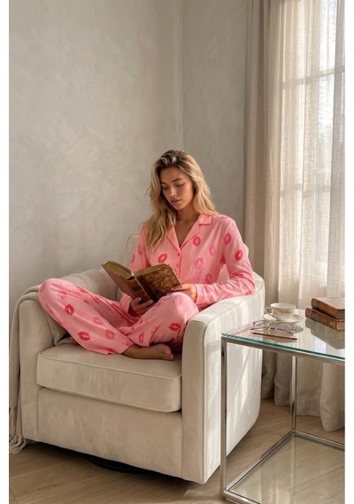 Fit Women Kadın Gömlek Yaka Uzun Kollu Pembe Pijama Takımı