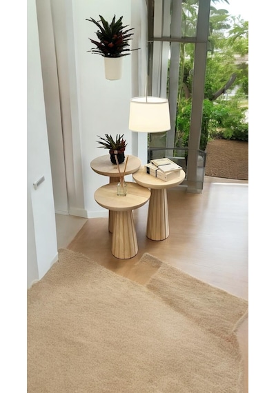 Ahşap 3 Lü Set Mantar Kalın Fitilli Yan Sehpa Modern Fiskos