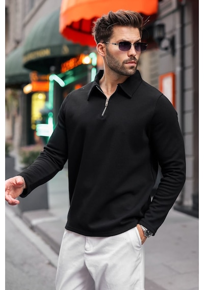 Madmext Siyah Yarım Fermuarlı Polo Yaka Dokulu Erkek Sweatshırt E7197