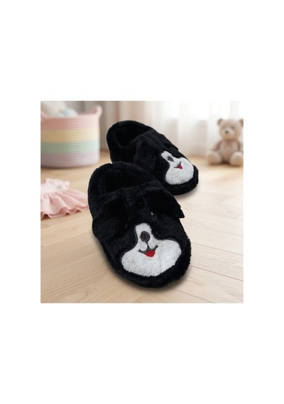Modafocus Çocuk Köpekli Peluş Panduf - Siyah Siyah
