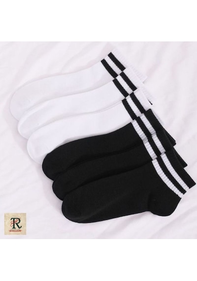 Trampler Unisex 6'lı Kısa Çemberli Kolej Patik Siyah Beyaz Çorap Siyah Beyaz