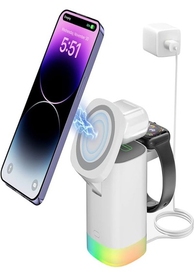 Deanb AW013 15 3 İn1 Kablosuz Mıknatıslı RGB Şarj Cihazı Beyaz
