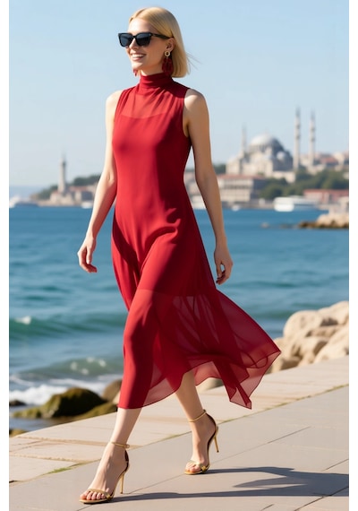 Benerly Kadın Asimetrik Kesim Şifon Astarlı Kolsuz Midi Elbise Dik Yaka Y Bordo