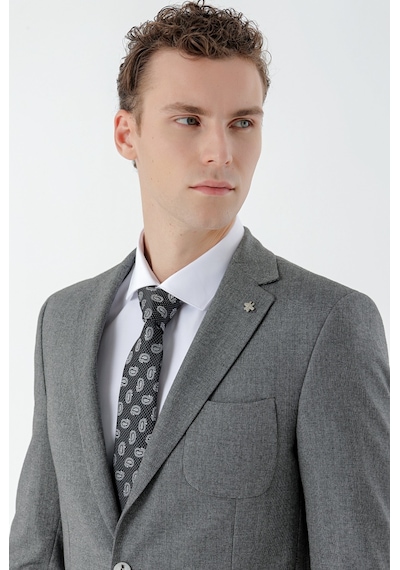 Morven Erkek Gri Poliviskon Trend Desenli Slim Fit Mono Yaka Takım Elbise Gri