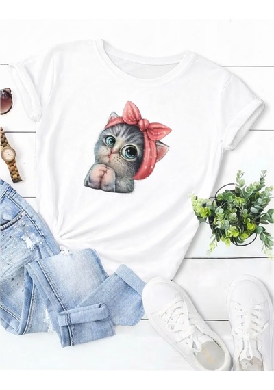 Unisex Sweet Cat Baskılı Oversize T-shirt Beyaz