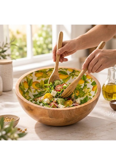 Mango Ağacı Kase 25 Cm, Limon Desenli Geniş Salata Ve Servis Kasesi, 10 Cm Yükseklik, Dekoratif Ahşap Sunum Kasesi Diğer