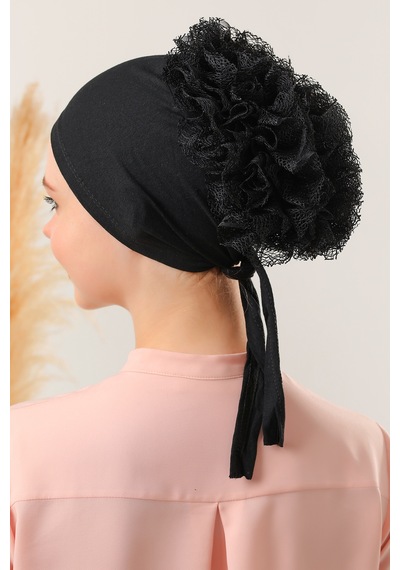 Melodi Scarf Kadın Tesettür Önü Dikişsiz Fırfırlı Penye Bone Siyah