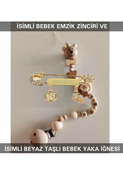 Sahi Aksesuar İsimli Bebek Emzik Zinciri ve Beyaz Taşlı Bebek Yaka İğnesi Beyaz