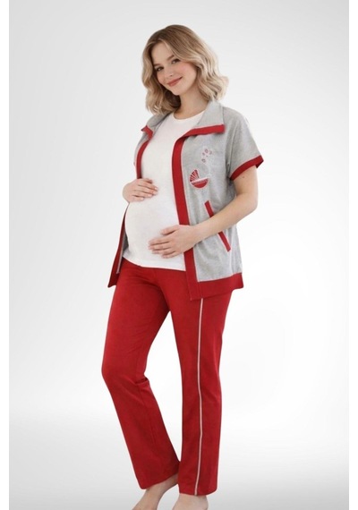 Mecit Pijama Mecit 6352 Kırmızı Bayan Yelekli Hamile Lohusa Pijama Takımı