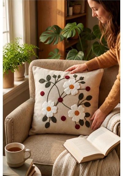 Punch Nakış Kırlent Kılıfı 2'li 40 Cm X 40 Cm Açık Beyaz