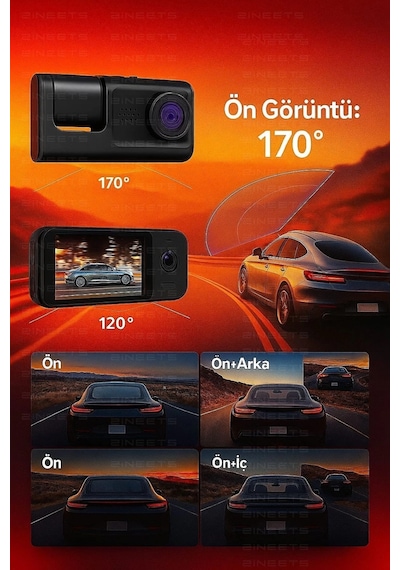 Wifi 1080p Araç İçi 3 Kameralı Lcd Ekranlı Gece Görüşlü , G-sensör , Geri Görüş Kamera