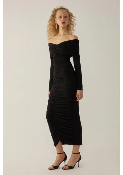 Hiccup Drapeli Off Shoulder Bodycon Maxi Elbise Siyah