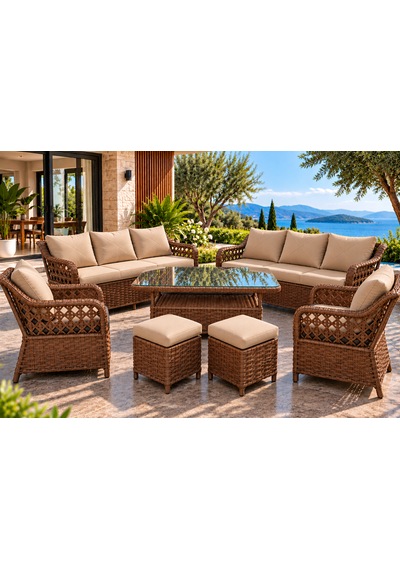 Rattan Bahçe Ve Balkon Takımı 3+3+1+1 Kahverengi