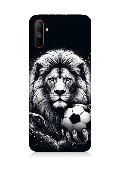 Realme C3 Uyumlu Siyah Beyaz Aslan Ve Futbol Topu Desenli Silikon Kılıf