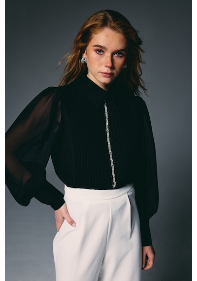 Sateen Nervür Detaylı Bluz - Siyah-136741 Siyah